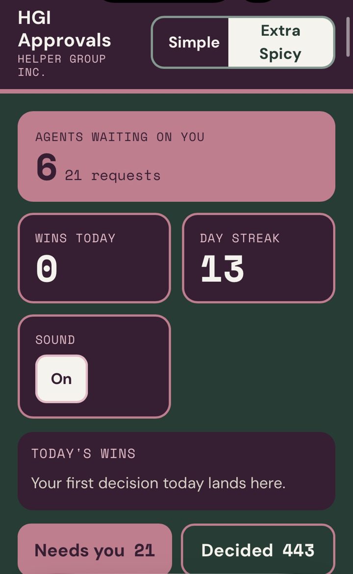 HGI approval dashboard showing agents waiting, requests needing a decision and 443 decisions made